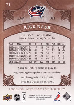 2008-09 Upper Deck Artifacts #71 Rick Nash Back