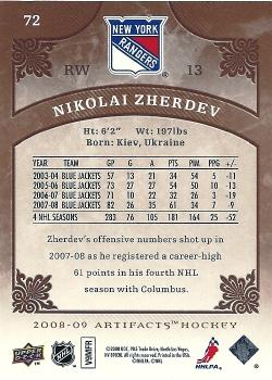 2008-09 Upper Deck Artifacts #72 Nikolai Zherdev Back