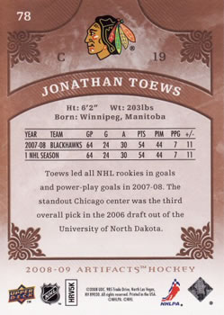 2008-09 Upper Deck Artifacts #78 Jonathan Toews Back