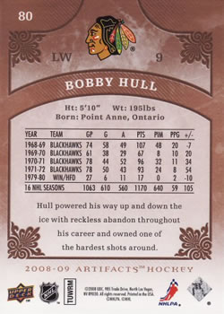 2008-09 Upper Deck Artifacts #80 Bobby Hull Back