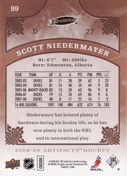 2008-09 Upper Deck Artifacts #99 Scott Niedermayer Back