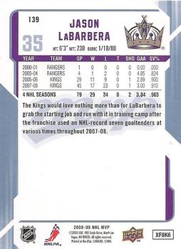 2008-09 Upper Deck MVP #139 Jason LaBarbera Back