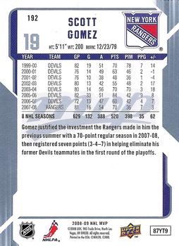 2008-09 Upper Deck MVP #192 Scott Gomez Back