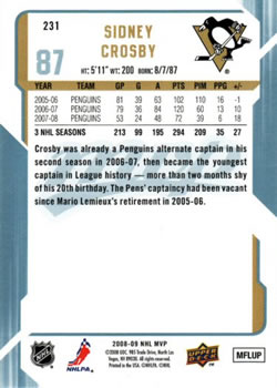 2008-09 Upper Deck MVP #231 Sidney Crosby Back