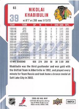 2008-09 Upper Deck MVP #65 Nikolai Khabibulin Back