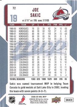 2008-09 Upper Deck MVP #72 Joe Sakic Back