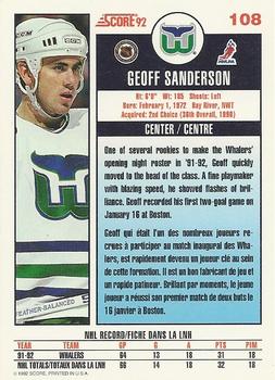 1992-93 Score Canadian #108 Geoff Sanderson Back