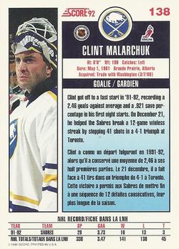 1992-93 Score Canadian #138 Clint Malarchuk Back