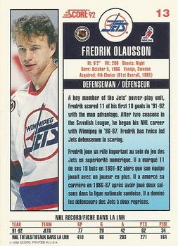 1992-93 Score Canadian #13 Fredrik Olausson Back