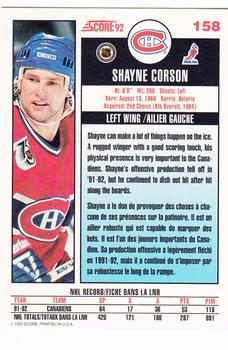 1992-93 Score Canadian #158 Shayne Corson Back