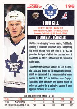 1992-93 Score Canadian #196 Todd Gill Back