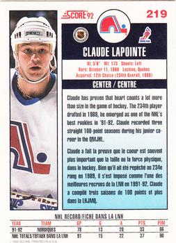 1992-93 Score Canadian #219 Claude Lapointe Back