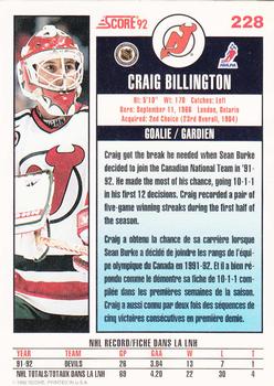 1992-93 Score Canadian #228 Craig Billington Back