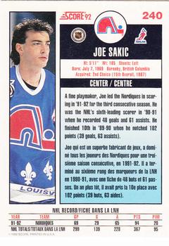 1992-93 Score Canadian #240 Joe Sakic Back
