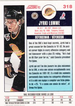 1992-93 Score Canadian #318 Jyrki Lumme Back