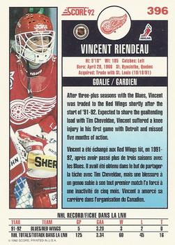 1992-93 Score Canadian #396 Vincent Riendeau Back