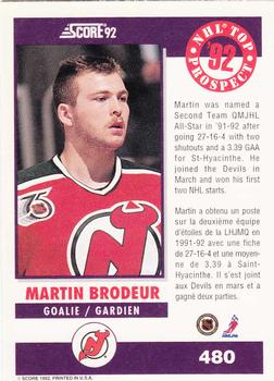 1992-93 Score Canadian #480 Martin Brodeur Back
