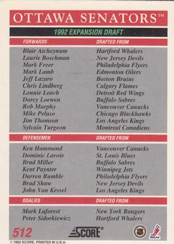 1992-93 Score Canadian #512 Ottawa Senators Logo Back