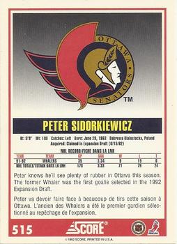 1992-93 Score Canadian #515 Peter Sidorkiewicz Back