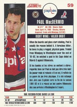1992-93 Score Canadian #59 Paul MacDermid Back
