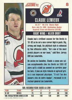 1992-93 Score Canadian #8 Claude Lemieux Back