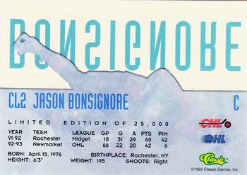 1993 Classic '93 Hockey Draft - Class of '94 #CL2 Jason Bonsignore Back