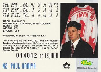 1993 Classic '93 Hockey Draft - Crash Numbered #N2 Paul Kariya Back
