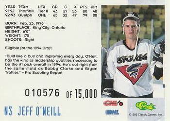1993 Classic '93 Hockey Draft - Crash Numbered #N3 Jeff O'Neill Back