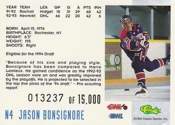 1993 Classic '93 Hockey Draft - Crash Numbered #N4 Jason Bonsignore Back
