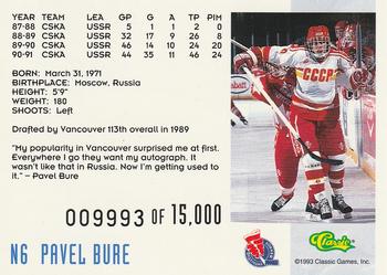 1993 Classic '93 Hockey Draft - Crash Numbered #N6 Pavel Bure Back