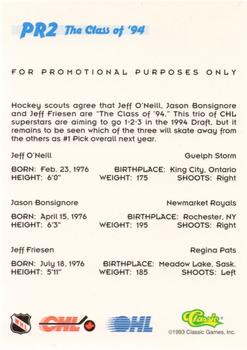 1993 Classic '93 Hockey Draft - Promos #PR2 Jeff O'Neill / Jason Bonsignore / Jeff Friesen Back