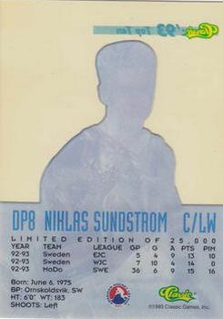 1993 Classic '93 Hockey Draft - Top Ten #DP8 Niklas Sundstrom Back