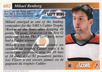 1993-94 Score Canadian #602 Mikael Renberg Back