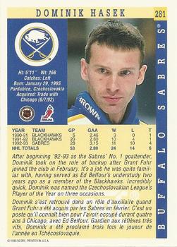 1993-94 Score Canadian #281 Dominik Hasek Back