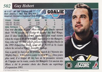 1993-94 Score Canadian #502 Guy Hebert Back