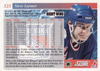 1993-94 Score Canadian #525 Steve Larmer Back