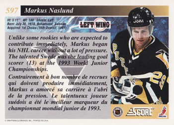1993-94 Score Canadian #597 Markus Naslund Back