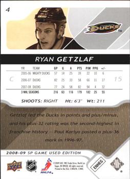 2008-09 SP Game Used #4 Ryan Getzlaf Back