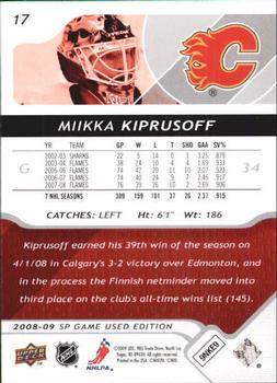 2008-09 SP Game Used #17 Miikka Kiprusoff Back