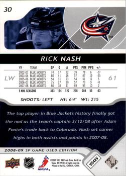 2008-09 SP Game Used #30 Rick Nash Back