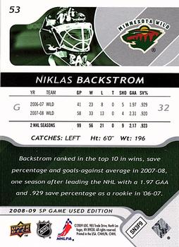 2008-09 SP Game Used #53 Niklas Backstrom Back