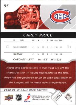 2008-09 SP Game Used #55 Carey Price Back