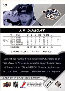 2008-09 SP Game Used #58 J.P. Dumont Back