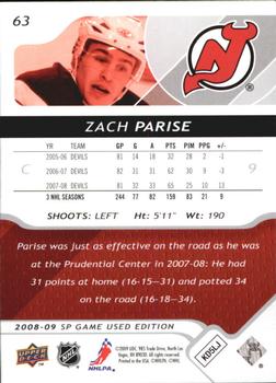 2008-09 SP Game Used #63 Zach Parise Back