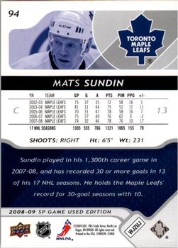 2008-09 SP Game Used #94 Mats Sundin Back