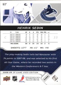 2008-09 SP Game Used #97 Henrik Sedin Back