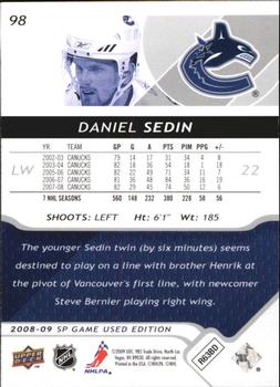 2008-09 SP Game Used #98 Daniel Sedin Back