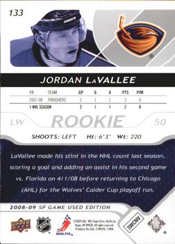 2008-09 SP Game Used #133 Jordan LaVallee Back