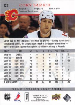 2008-09 Upper Deck #172 Cory Sarich Back