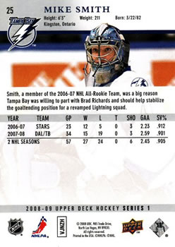 2008-09 Upper Deck #25 Mike Smith Back